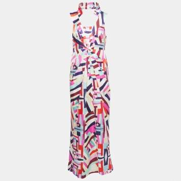 Pre Owned Chanel Multicolor Printed Silk Back Cut Out Sleeveless Maxi Dress M