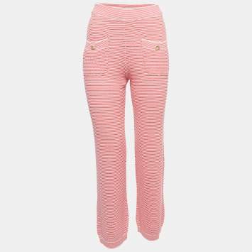 Pre Owned Chanel Red Striped Patterned Knit High Waist Pants S