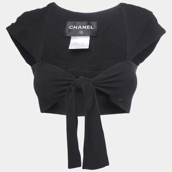 Pre Owned Chanel Black Crepe Front Tie Detail Crop Top M