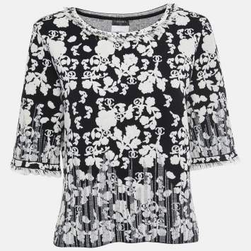 مملوكة مسبقًا Chanel Black Jacquard Distressed Knit Fringe Detailed Top XL