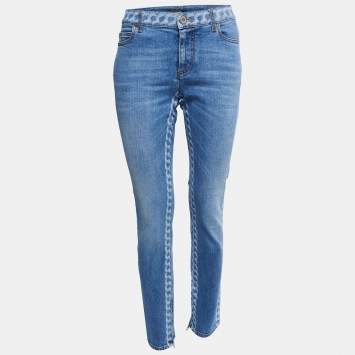 Pre Owned Chanel Blue Chain Print Denim Slim Fit Jeans M Waist 29"