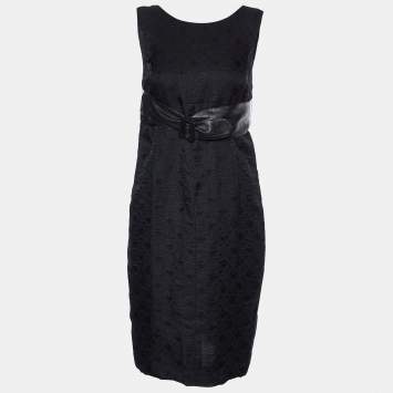 Pre Owned Chanel Black Patterned Sleeveless Belted Midi Dress M