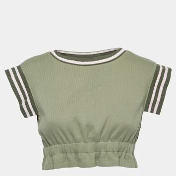 Pre Owned Chanel Green Cotton Knit Scoop Neck Crop Top M