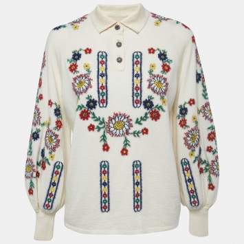 Pre Owned Chanel Cream Floral Patterned Wool Pullover M