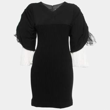 Pre Owned Chanel Black Rib Knit & Tulle Inset Detailed Mini Dress L