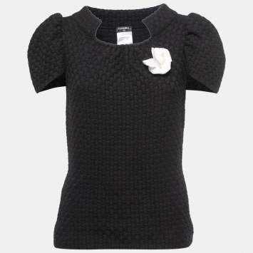 Pre Owned Chanel Black Patterned Wool Knit Cap Sleeve Top M