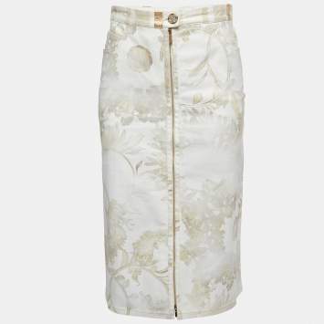 Pre Owned Chanel White Printed Denim Zip Front Midi Skirt M
