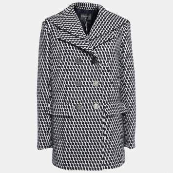 Pre Owned Chanel Black/White Patterned Wool Double Breasted Coat L
