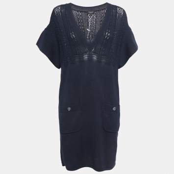 Pre Owned Chanel Navy Blue Cotton Knit Pocket Detail Mini Dress M