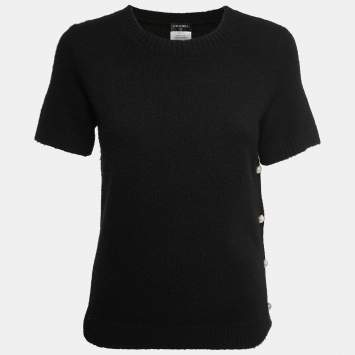 Pre Owned Chanel Cashmere & Wool Button Embellished Sweater Top M