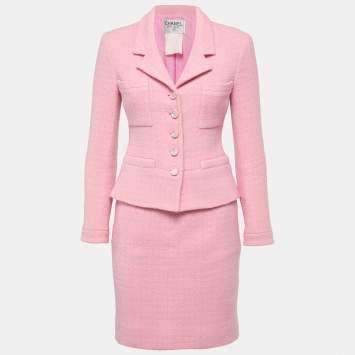 Pre Owned Chanel Vintage Pink Wool Skirt Suit S/M
