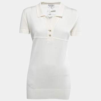 Pre Owned Chanel Cream Knit Polo T-Shirt M