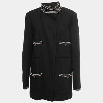 Pre Owned Chanel Black Wool Ribbon Trimmed Jacket L