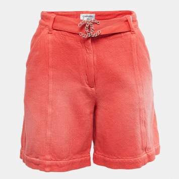 Pre Owned Chanel Coral Red Cotton textured Shorts S