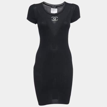 Pre Owned Chanel Black Ribbed Knit Logo Intarsia Bodycon Dress M