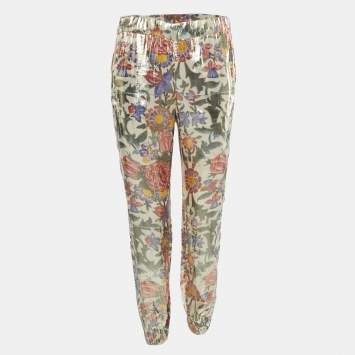 Pre Owned Chanel Gold Floral Metallic Lame Elastic Waist Pants S