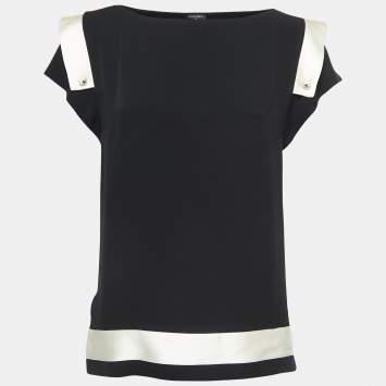 Pre Owned Chanel Black Silk Crepe Contrast Detail Blouse M