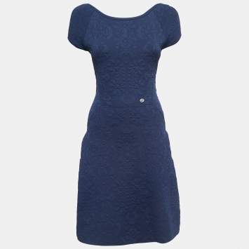 Pre Owned Chanel Navy Blue Jacquard Knit A-Line Dress M