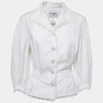Pre Owned Chanel White Cotton Pleated & Gathered Button Front Blouse M