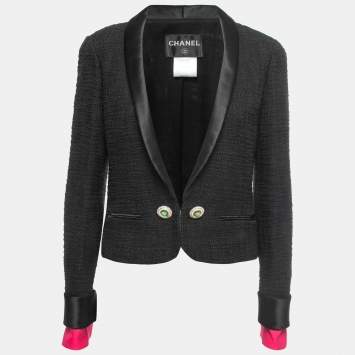 Pre Owned Chanel Black Tweed Layered Double-Breasted Blazer M
