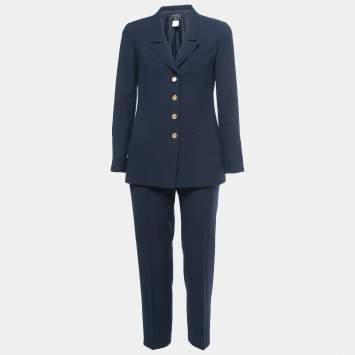 Pre Owned Chanel Vintage Navy Blue Wool Pant Suit M