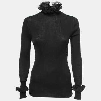 Pre Owned Chanel Black Wool Knit & Mesh Ruffled Turtleneck Sweater M