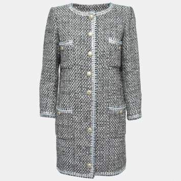 Pre Owned Chanel Blue/Black Tweed Mid-Length Coat M
