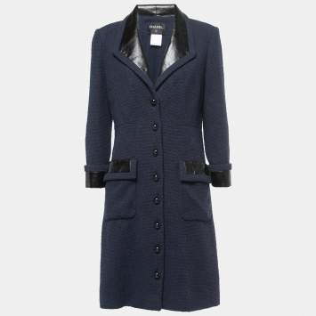 Pre Owned Chanel Navy Blue Terry Calfskin Trimmed Mid-Length Coat L
