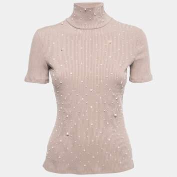 Pre Owned Chanel Pink Rib Knit Pearl Embellished High Neck Top M