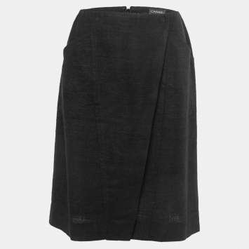 Pre Owned Chanel Black Silk Faux Wrap Detail Midi Skirt M