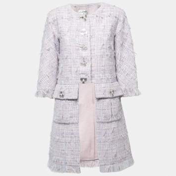 Pre Owned Chanel Purple/Pastel Tweed Fringed Coat M