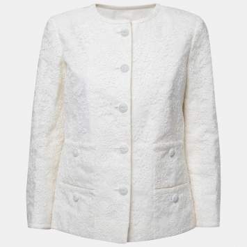 Pre Owned Chanel White Floral Lace Buttoned Jacket M