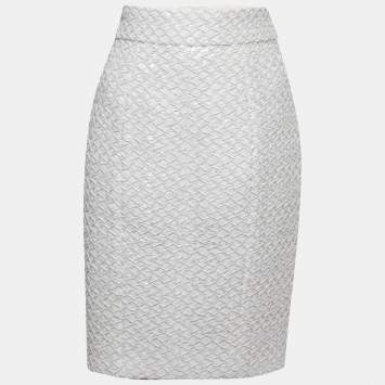 Pre Owned Chanel White Sequined Pencil Skirt M