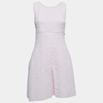 Pre Owned Chanel Light Pink Floral Embossed Knit Sleeveless Flared Mini Dress M