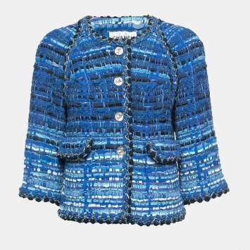 Pre Owned Chanel Blue Ribbon & Tweed Owl Button Jacket L