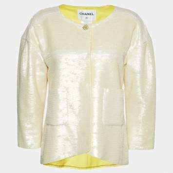Pre Owned Chanel Cream Sequinned Polyester Button Front Jacket L
