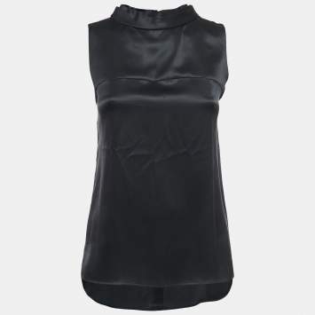 Pre Owned Chanel Black Silk Satin High Neck Sleeveless Blouse S