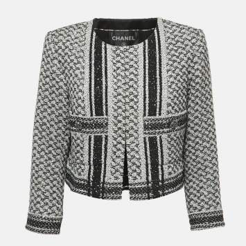 Pre Owned Chanel Black/White Sequined Tweed Jacket XL
