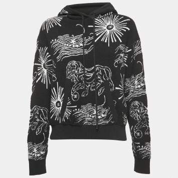 Pre Owned Chanel Black Patterned Cotton Terry Hooded Sweatshirt S