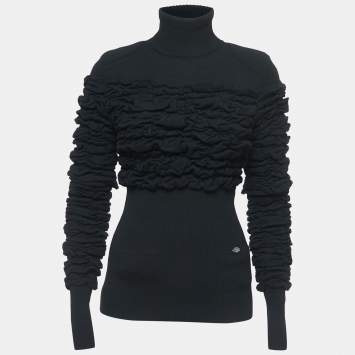 Pre Owned Chanel Black Wool Shirred Turtle Neck Sweater Top S