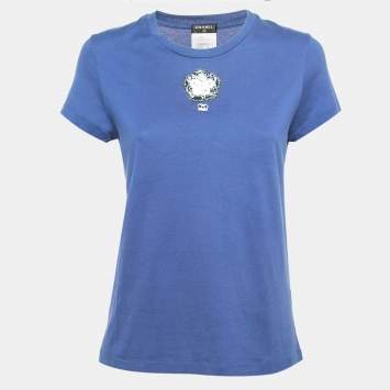 Pre Owned Chanel Blue Cotton Patch Detail T-Shirt M