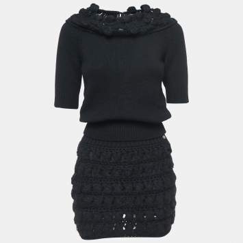Pre Owned Chanel Black Cashmere Wool Knit Top & Skirt Set S