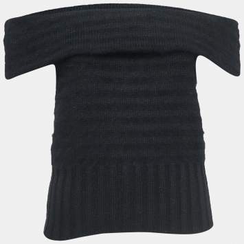 Pre Owned Chanel Black Cotton & Angora Blend Knit Off-Shoulder Top L