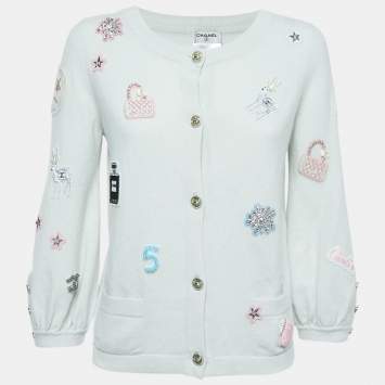 Pre Owned Chanel Pastel Green Cashmere Lucky Charms Buttoned Cardigan XL