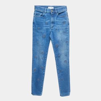 Pre Owned Chanel Blue Embossed Logo Denim Jeans S Waist 24"