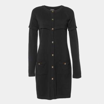 Pre Owned Chanel Black Cashmere Knit Button Front Midi Dress M
