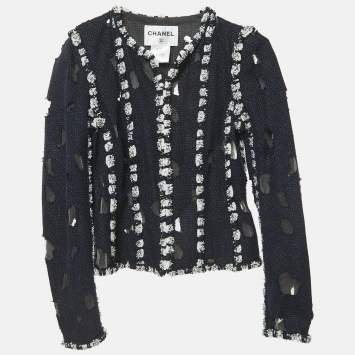 Pre Owned Chanel Navy Blue Tweed Iconic Distressed Zip Front Jacket M