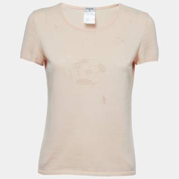 Pre Owned Chanel Light Orange Patterned Knit Short Sleeve Top M