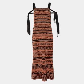 Pre Owned Chanel Terracotta & Black Knit Antique Grecian Intarsia Knit Maxi Dress M