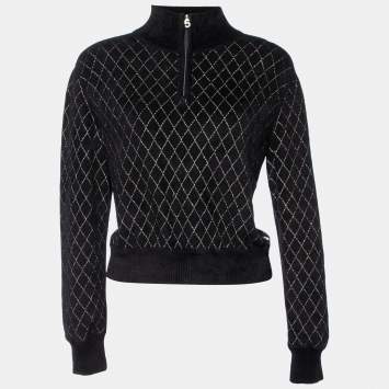 Pre Owned Chanel Black Lurex Knit Half Zip Pullover M